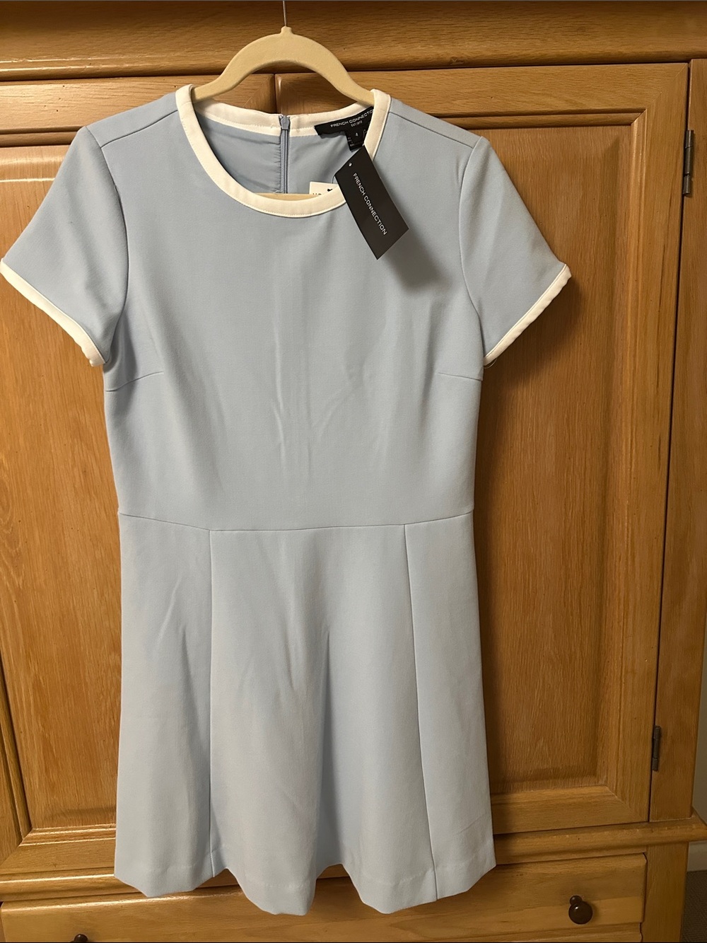 NWT Size 4 Women’s French Connection Light Blue Ringer Trim Skater Mini Dress